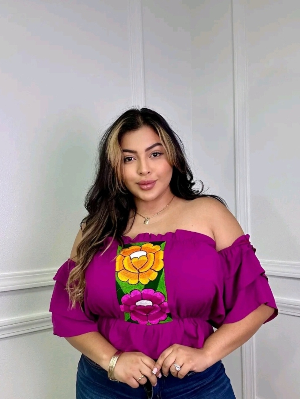 Magenta Off-Shoulder Floral Embroidered Blouse